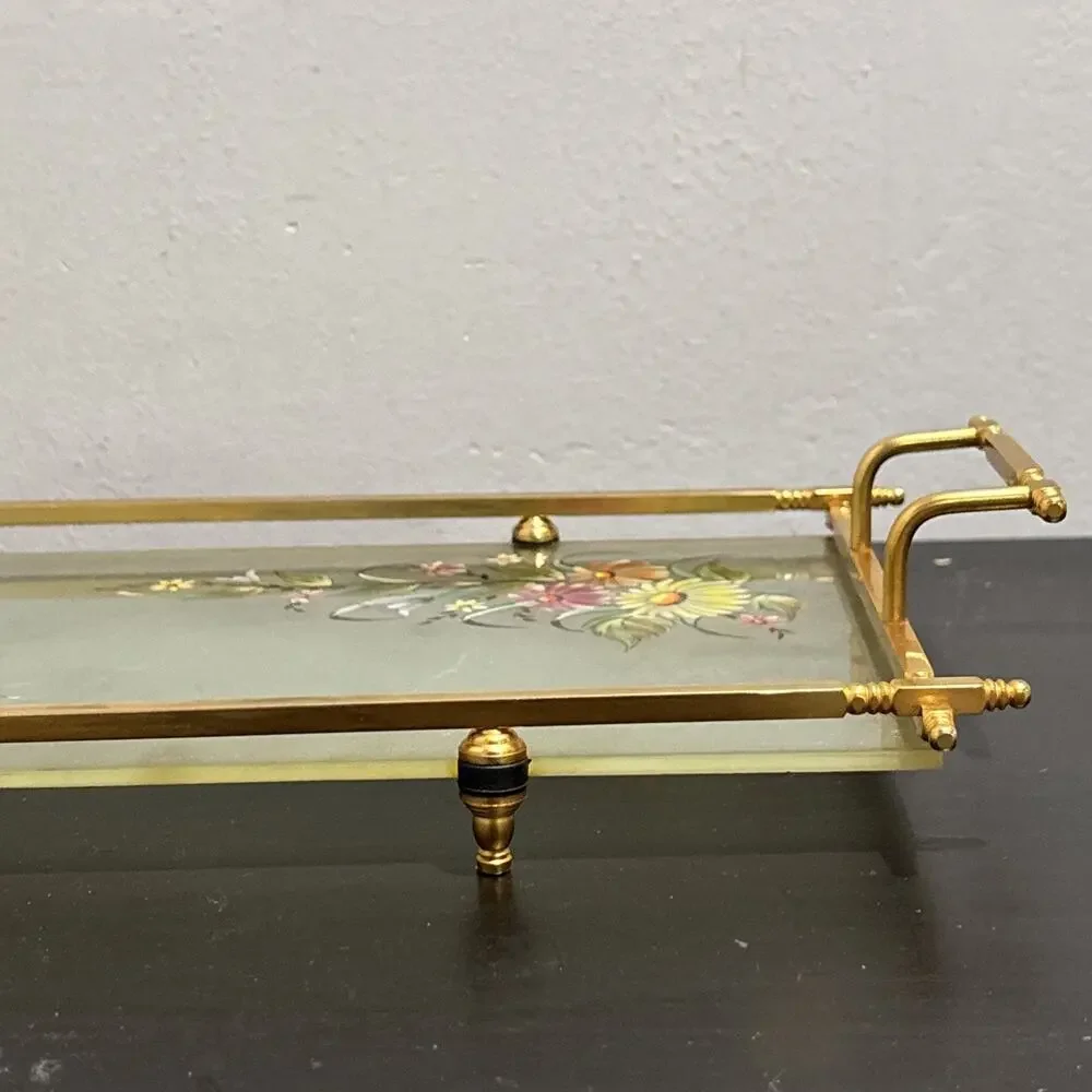 Vintage MCM Hollywood Regency Brass Frame Glass Hand Painted Floral Serving Tray